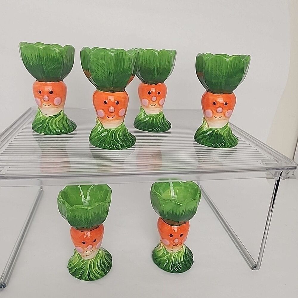 SIX Orange Green Carrot Ceramic Egg Holders Cottontale Filigree Easter  1990's